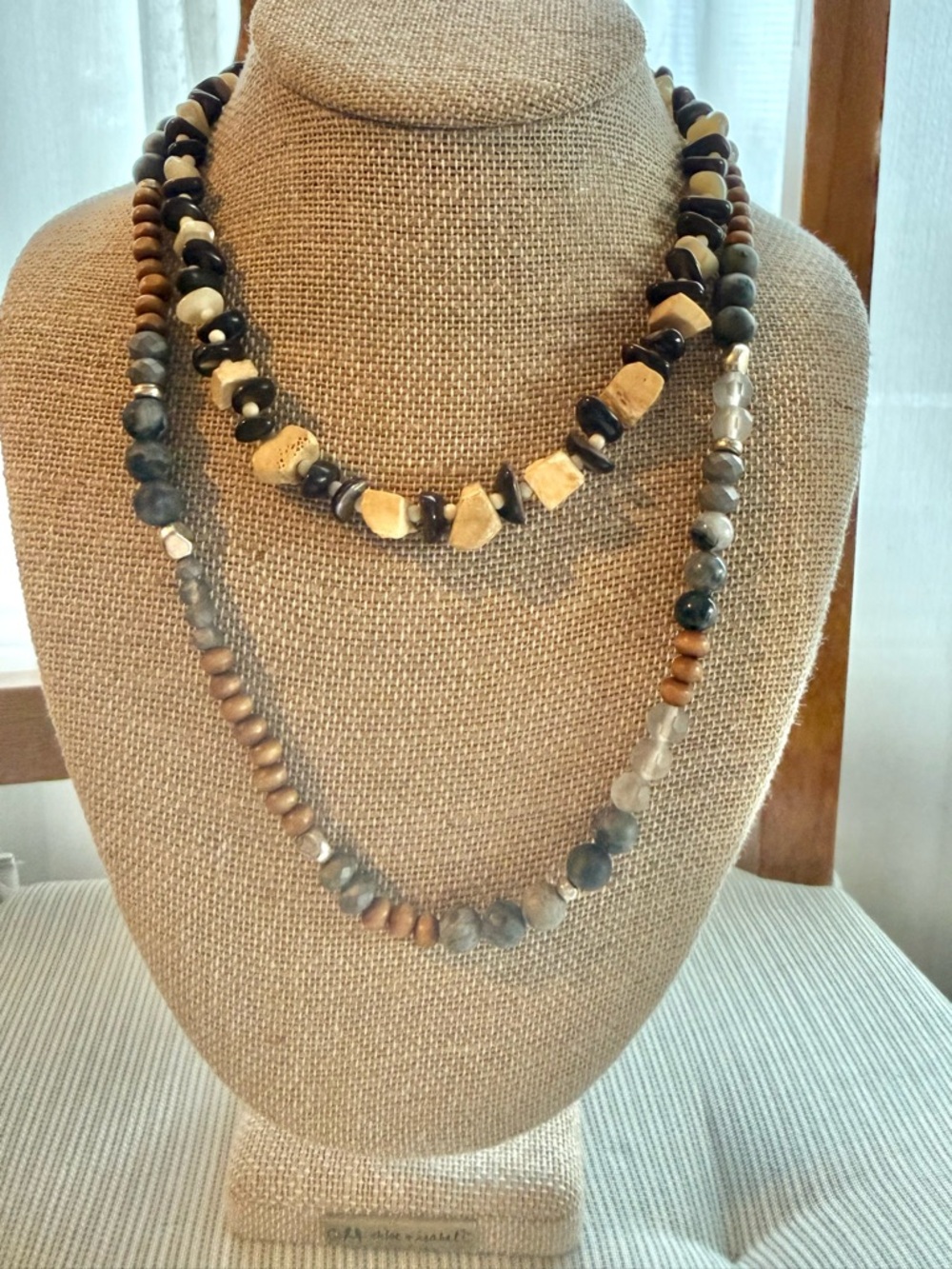 2 Beaded Necklaces wood stone glass shell-natural & resin material vintage